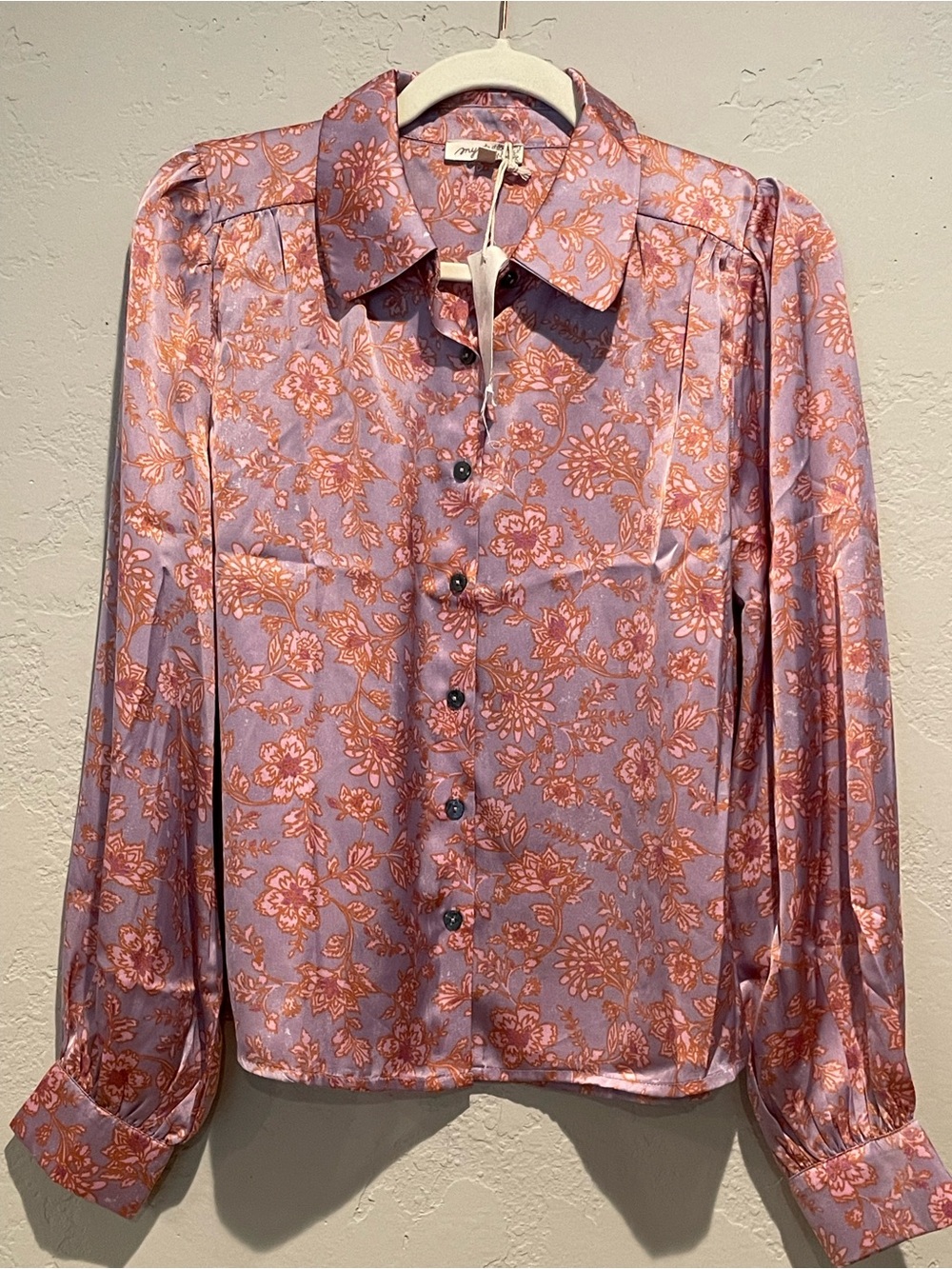 Mystree Floral Satin feel Button-Up Blouse. Size SM NWT